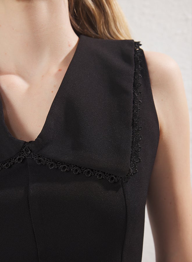 Black Collar Detailed Pleated Mini Woven Dress