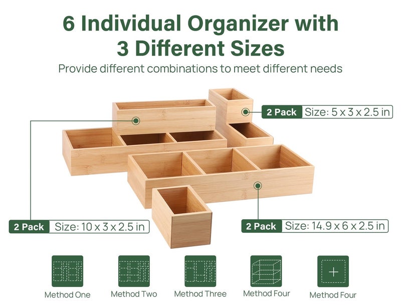 Kootek 6 Pcs Bamboo Drawer Organizer Utensil Tray Kitchen Storage Box 3-Size Versatile Dividers Cutlery Holders Bins Containers for Flatware Kitchen Utensils - Image 2