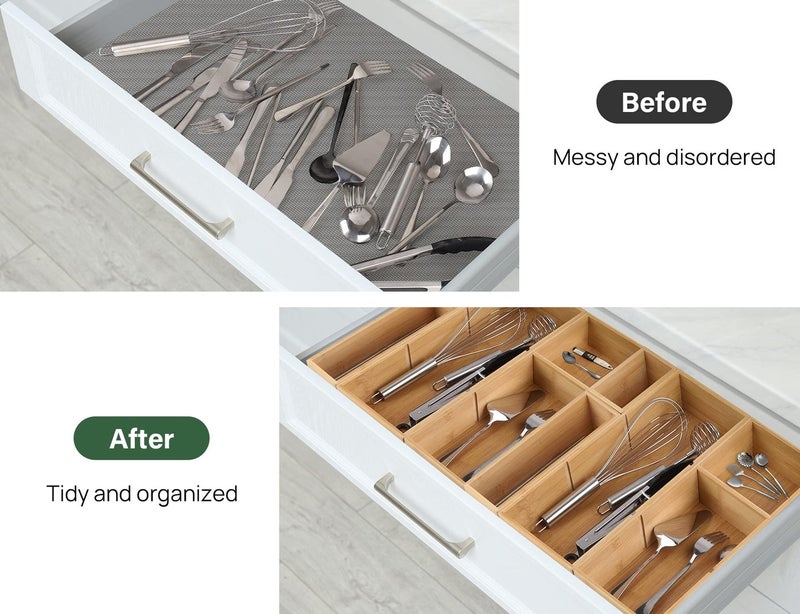 Kootek 6 Pcs Bamboo Drawer Organizer Utensil Tray Kitchen Storage Box 3-Size Versatile Dividers Cutlery Holders Bins Containers for Flatware Kitchen Utensils - Image 3
