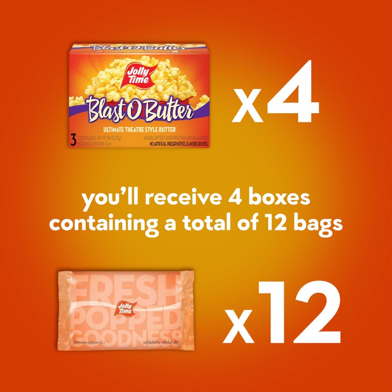 Jolly Time Blast O Butter, Ultimate Movie Theater Butter Microwave Popcorn, 3.2oz Sharing Bag, 3 Bags Per Carton (Blast O Butter, 3.2 Ounce (Pack of 12)) - Image 3