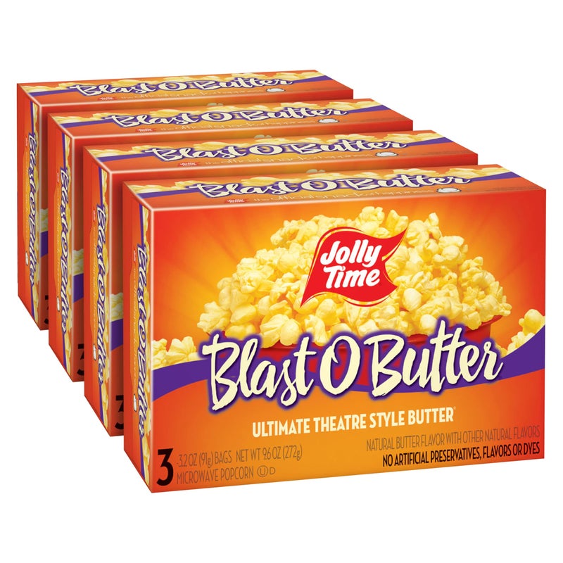 Jolly Time Blast O Butter, Ultimate Movie Theater Butter Microwave Popcorn, 3.2oz Sharing Bag, 3 Bags Per Carton (Blast O Butter, 3.2 Ounce (Pack of 12)) - Image 1