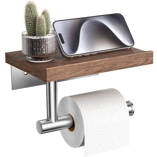Tindbea Toilet Paper Holder with Wood Shelf Wooden Wall Mount Tissue Paper Roll Holder Brushed Nickel Stainless Steel Bathroom Accessories Decor Household Home Apartment Restroom Essentials Walnut - Image 1
