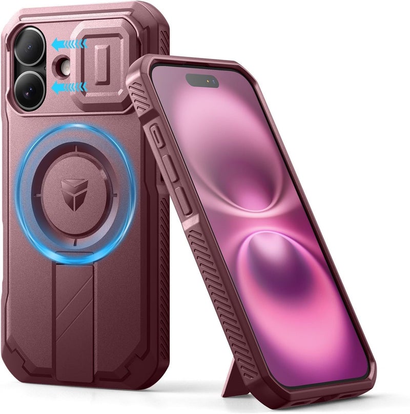 ديكسنور حافظة لهاتف iPhone 16 مع غطاء كاميرا منزلق وحامل قابل للتعديل، حافظة مغناطيسية متينة مقاومة للصدمات، لون أحمر كستنائي - Image 1