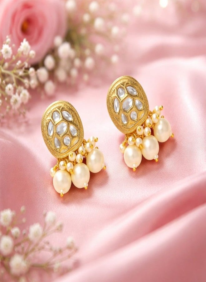 Accessher Traditional Gold Plated Kundan Earring | Pearl Drop Stud Earrings with Push Back Closure for Women and Girls (Pack of 1) - Image 3