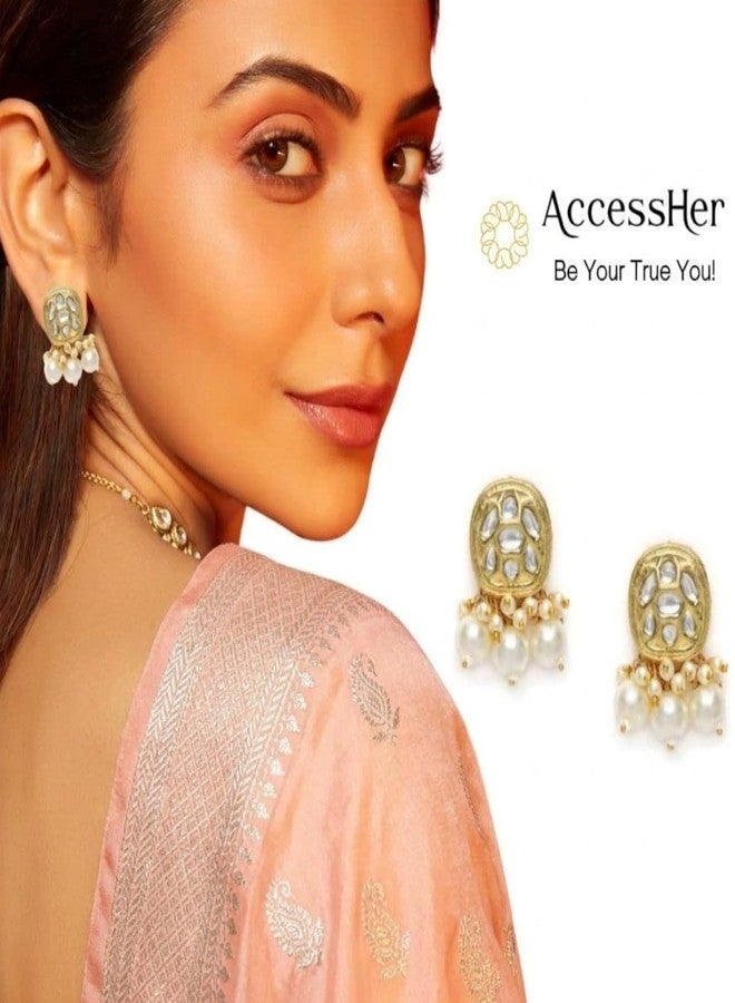 Accessher Traditional Gold Plated Kundan Earring | Pearl Drop Stud Earrings with Push Back Closure for Women and Girls (Pack of 1) - Image 2