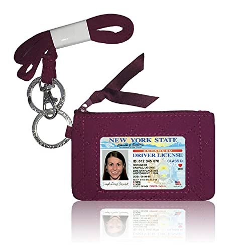 MNF Collections Lanyard with Wallet - Zip ID Case with Lanyard - Card Holder Keychain with Zippers - Premium Quilted Microfiber - Sangria - Image 1
