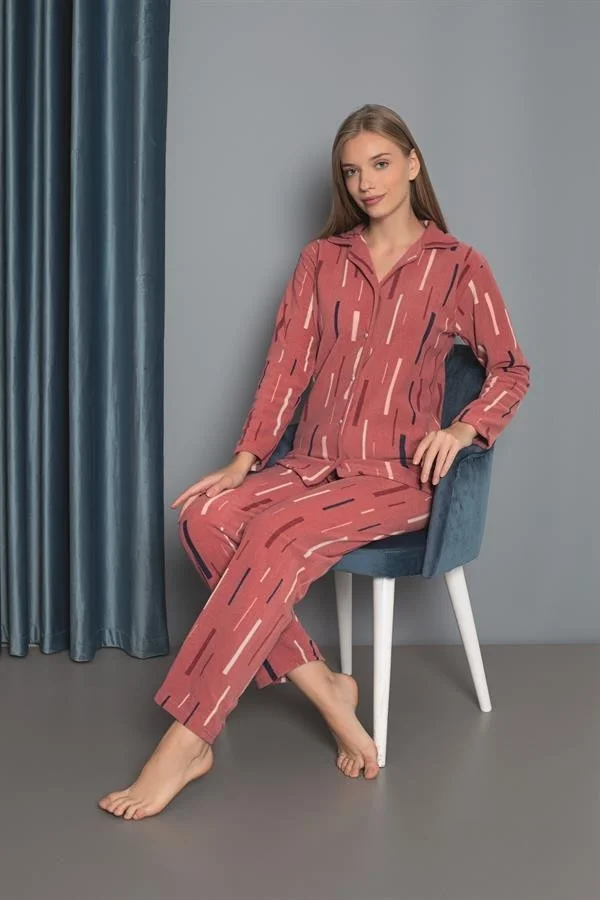 Mutlu City New Season Autumn/Winter Women's Welsoft Polar Fleece Buttoned Striped Thick Pajama Set 33001