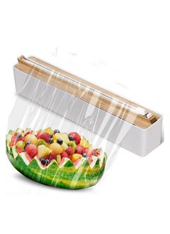 Hihonor Magnetic Plastic Wrap Dispenser with Cutter, Practical Refillable Cling Wrap Aluminum Tin Foil Organizer for Drawer, Include an Extra Roll of 12"X 164' Food Cling Film, Wood Grain  - Image 1