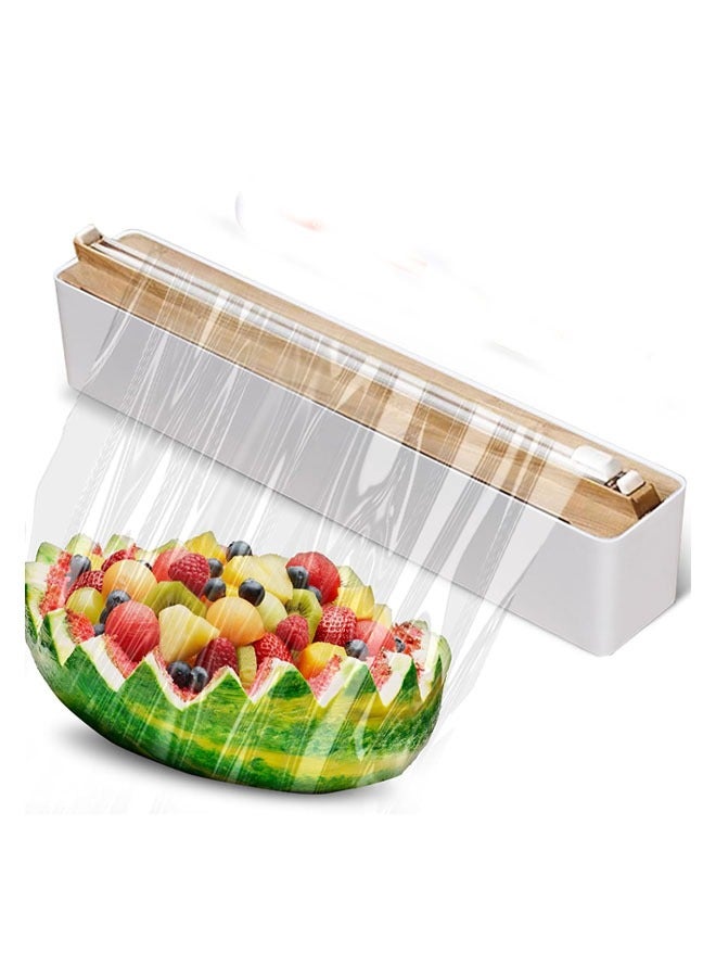 Hihonor Magnetic Plastic Wrap Dispenser with Cutter, Practical Refillable Cling Wrap Aluminum Tin Foil Organizer for Drawer, Include an Extra Roll of 12"X 164' Food Cling Film, Wood Grain  - Image 1