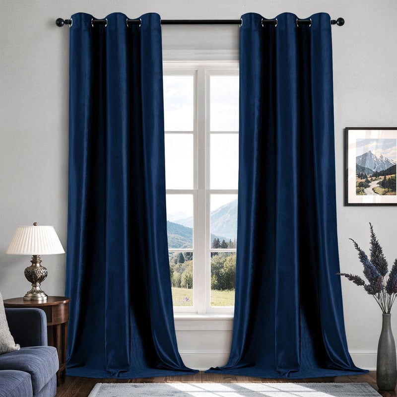 EMEMA Navy Blue Velvet Curtains 84 Inch Length 2 Panels Set, Elegant Blackout Curtains for Bedroom, Grommet Thermal Insulated Soundproof Room Darkening Window Drapes for Living Room W42 x L84 - Image 1