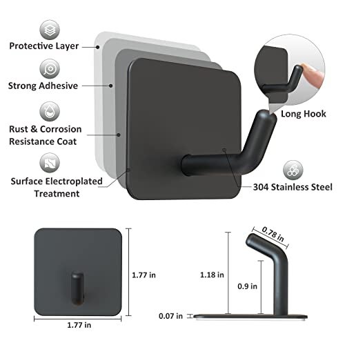 VIS'V Adhesive Hooks, Heavy Duty Shower Wall Stick on Hooks, Waterproof, 2 Extra Adhesive Strips, Black, 4 Pcs - Image 3