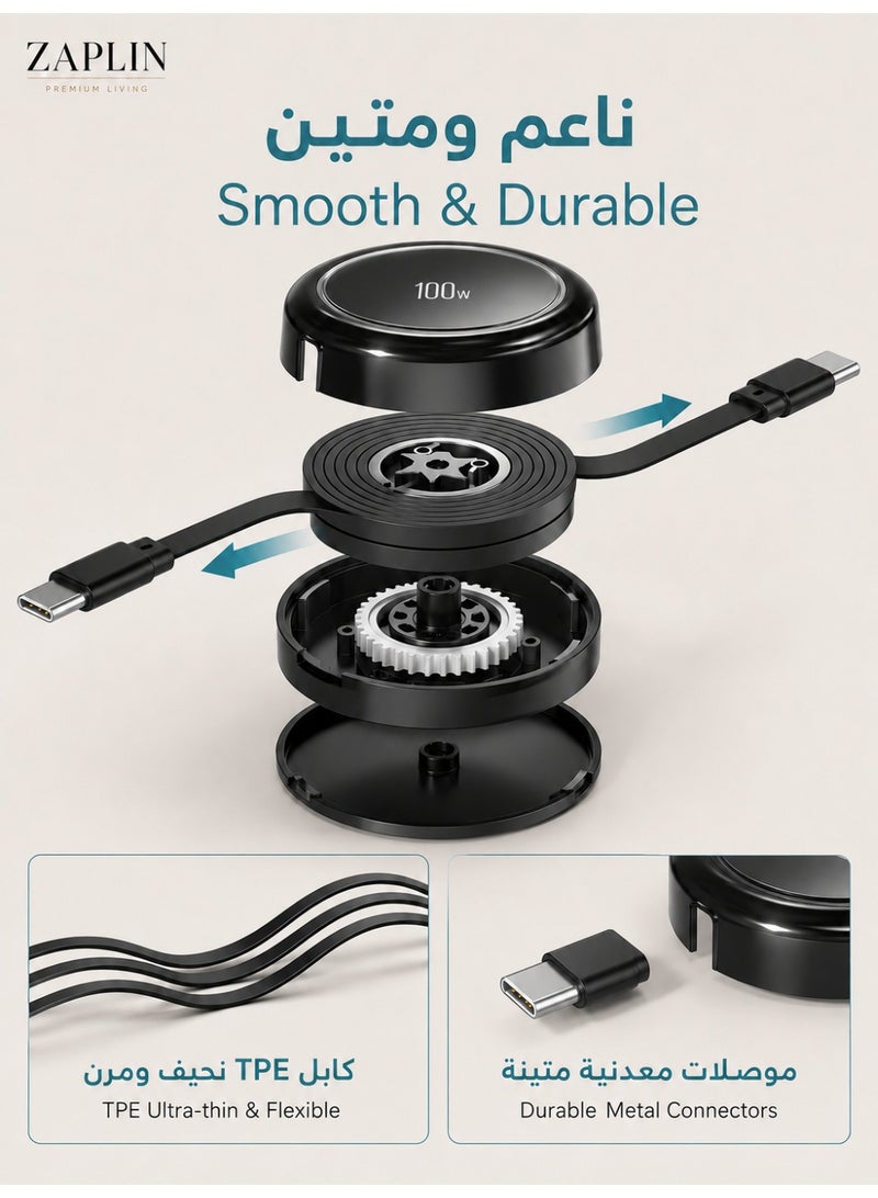 ZapLin Type C Cable 100W Retractable USB C to USB C Fast Charging Cable 1M PD Super Fast Charger Cable Mini Portable for iPhone 17/16/15 Pro Max iPad Samsung Galaxy S25 S24 Xiaomi OPPO OnePlus Huawei - Image 5