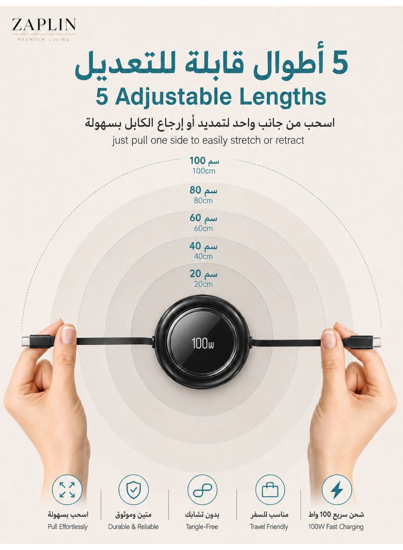 ZapLin Type C Cable 100W Retractable USB C to USB C Fast Charging Cable 1M PD Super Fast Charger Cable Mini Portable for iPhone 17/16/15 Pro Max iPad Samsung Galaxy S25 S24 Xiaomi OPPO OnePlus Huawei - Image 4