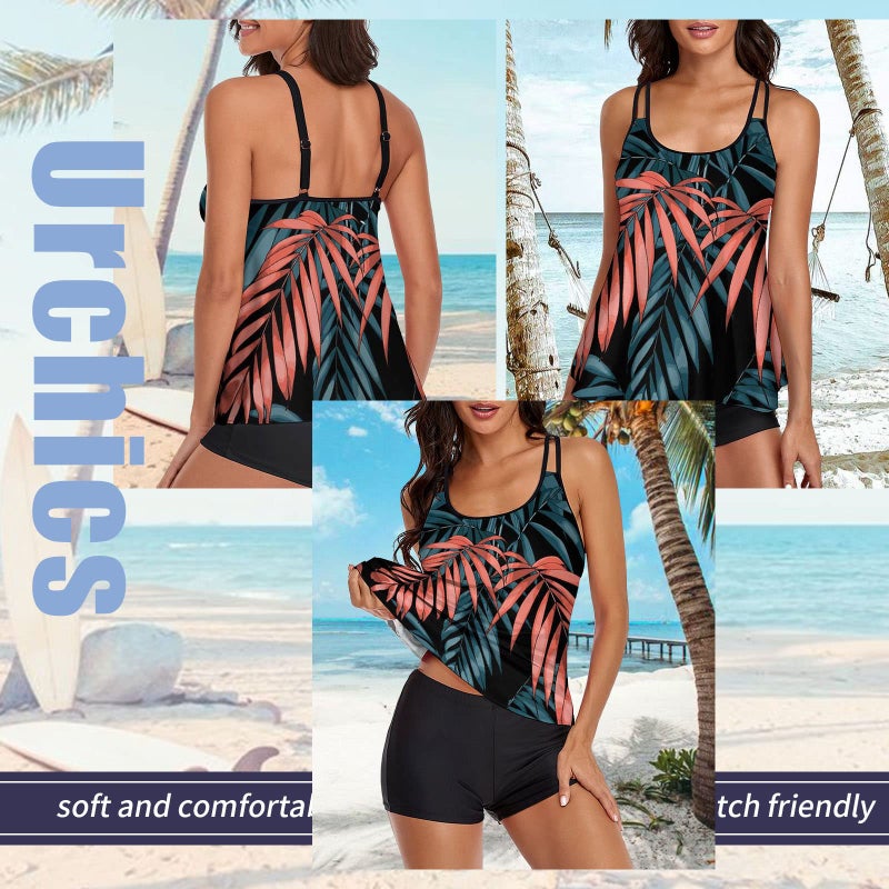 Urchics Womens Gray Tankini Swimsuit Tank Top Two Piece Bathing Suits with Boyshorts Print Leaf XL - Image 2