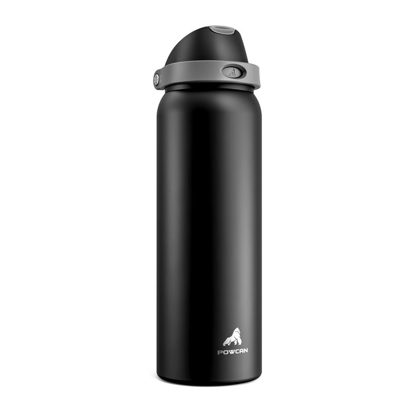 POWCAN 40 oz Insulated Water Bottle for Men: Push-Button Spout & Quick-Flip Straw, Leakproof, Cold for 24 Hrs, Stainless Steel Large Water Bottle for Sports, Camping, Trips, Outdoors (Midnight Black) - Image 1