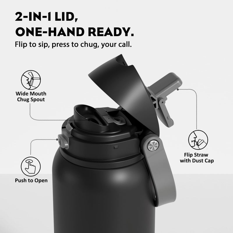 POWCAN 40 oz Insulated Water Bottle for Men: Push-Button Spout & Quick-Flip Straw, Leakproof, Cold for 24 Hrs, Stainless Steel Large Water Bottle for Sports, Camping, Trips, Outdoors (Midnight Black) - Image 2