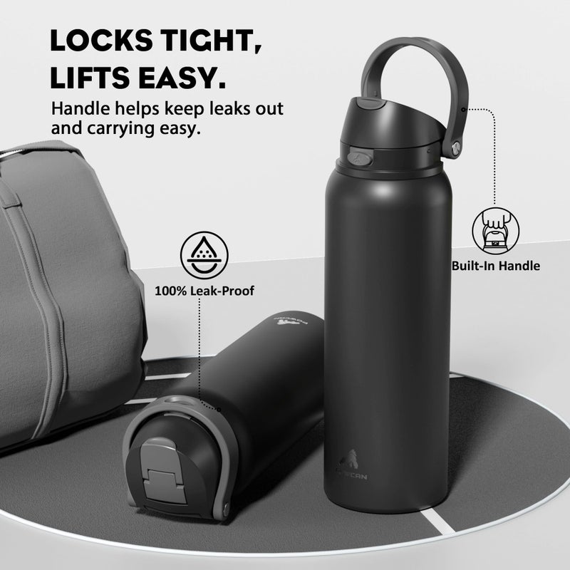 POWCAN 40 oz Insulated Water Bottle for Men: Push-Button Spout & Quick-Flip Straw, Leakproof, Cold for 24 Hrs, Stainless Steel Large Water Bottle for Sports, Camping, Trips, Outdoors (Midnight Black) - Image 4