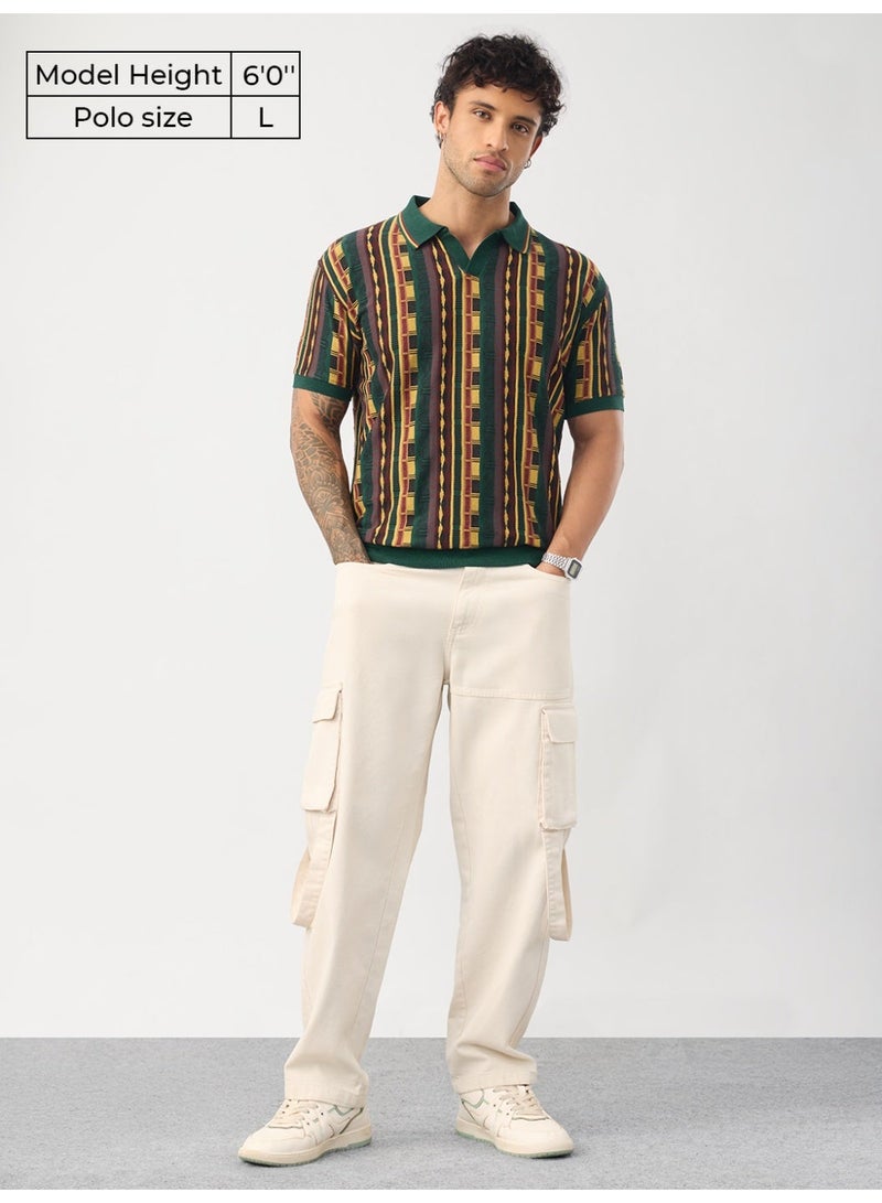 The Souled Store Retro Threads: Jacquard Men and Boys Short Sleeve Spread Collar Green Geometric Print Cotton Blend Breathable Retro Design Lightweight Everyday All-Season Polo Shirts - Image 2