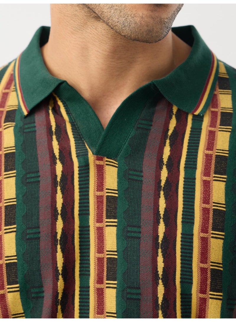 The Souled Store Retro Threads: Jacquard Men and Boys Short Sleeve Spread Collar Green Geometric Print Cotton Blend Breathable Retro Design Lightweight Everyday All-Season Polo Shirts - Image 4