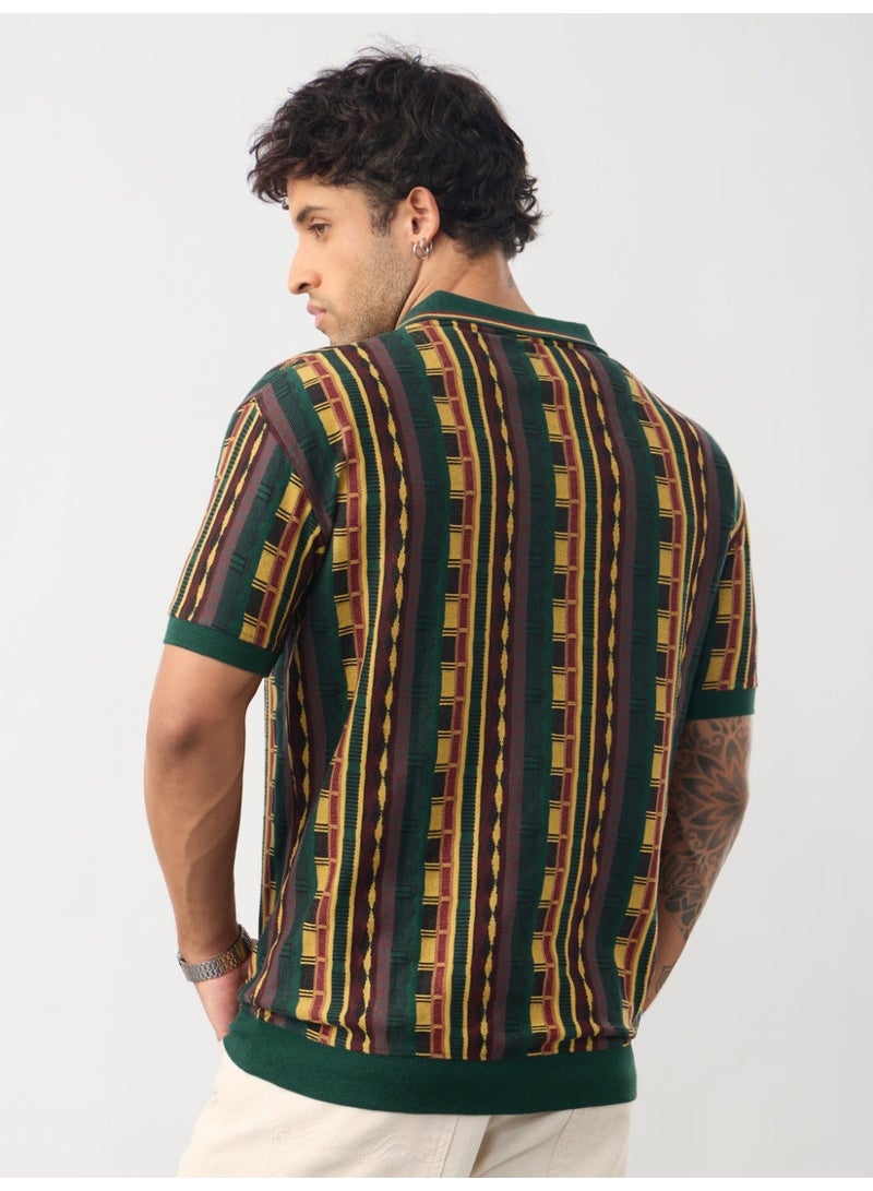 The Souled Store Retro Threads: Jacquard Men and Boys Short Sleeve Spread Collar Green Geometric Print Cotton Blend Breathable Retro Design Lightweight Everyday All-Season Polo Shirts - Image 3