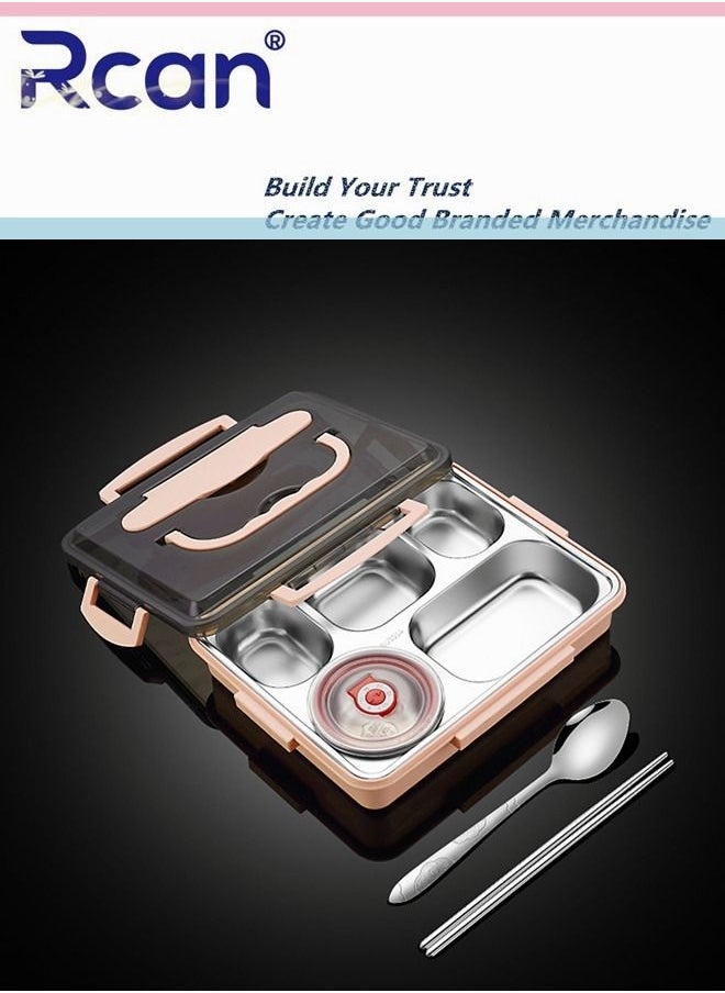 Rcan Pink Four Five Grids Square Outdoor Stainless Steel Bento Box Set With Cutlery Fashion Durable Plastic Sealed Insulated Leakproof Lunch Box For Kids Adults  - Image 1