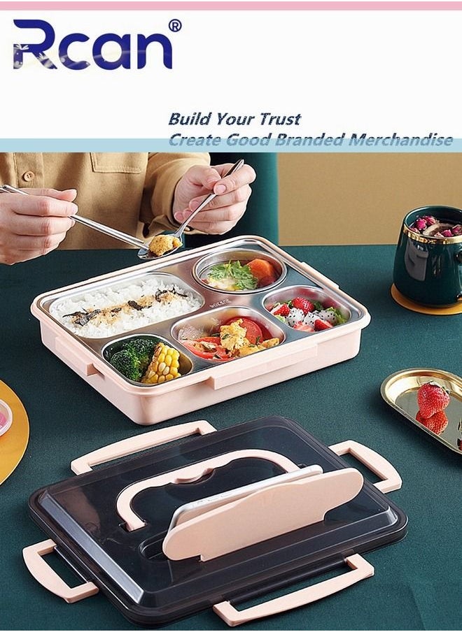 Rcan Pink Four Five Grids Square Outdoor Stainless Steel Bento Box Set With Cutlery Fashion Durable Plastic Sealed Insulated Leakproof Lunch Box For Kids Adults  - Image 3
