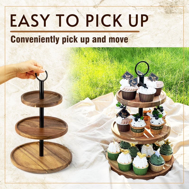 WILDMOS 3 Tier Cupcake Stand, Farmhouse Rustic Tiered Serving Tray,3 Tier Serving Tray for Farmhouse Kitchen Decor, Wood Dessert Tray for Tea Party Wedding Server, Decorative Tiered Tray. - Image 4