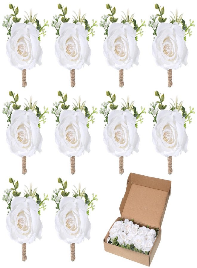 Apausvcm 10Pcs White Rose Boutonnieres for Men, Groom Groomsmen Artificial Flowers Boutonniere Pocket Boutonniere Corsages for Wedding Ceremony Anniversary Prom Formal Dinner Party - Image 1