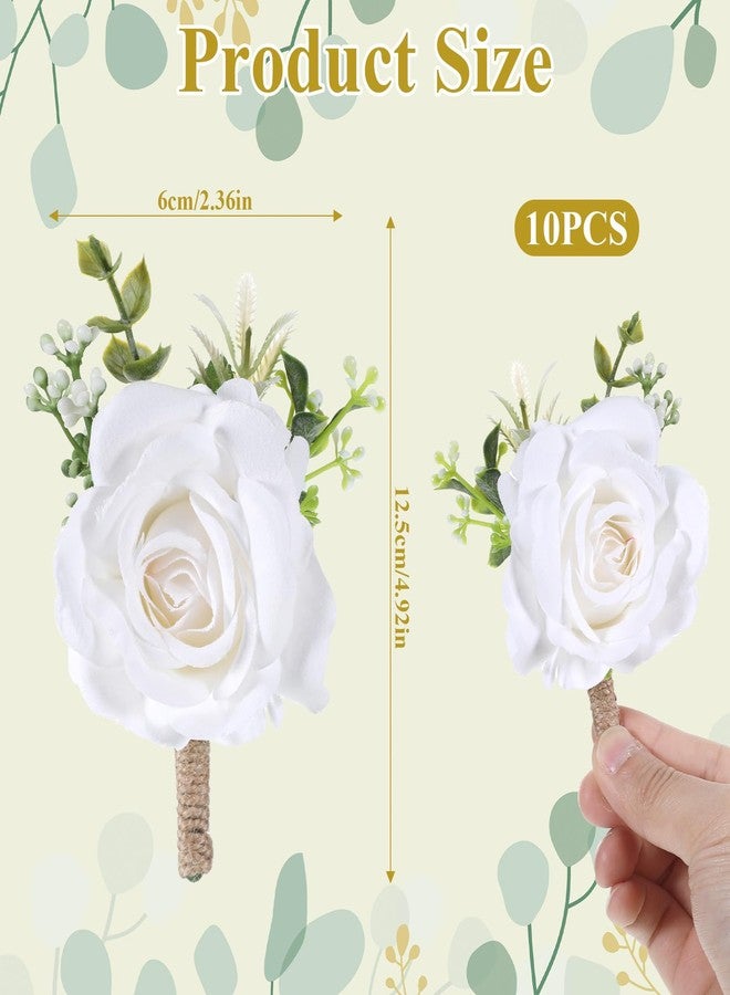 Apausvcm 10Pcs White Rose Boutonnieres for Men, Groom Groomsmen Artificial Flowers Boutonniere Pocket Boutonniere Corsages for Wedding Ceremony Anniversary Prom Formal Dinner Party - Image 2