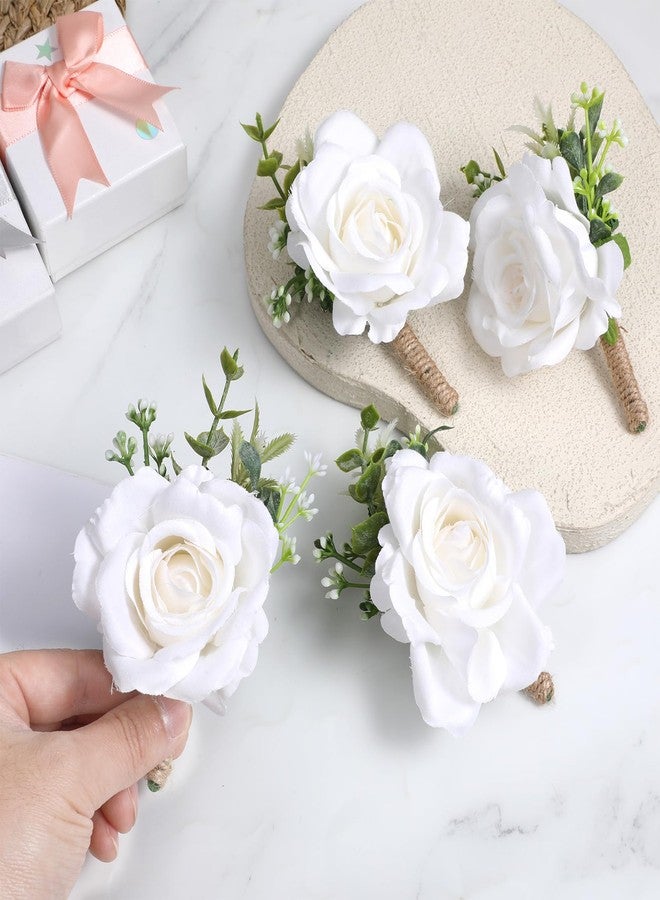 Apausvcm 10Pcs White Rose Boutonnieres for Men, Groom Groomsmen Artificial Flowers Boutonniere Pocket Boutonniere Corsages for Wedding Ceremony Anniversary Prom Formal Dinner Party - Image 4