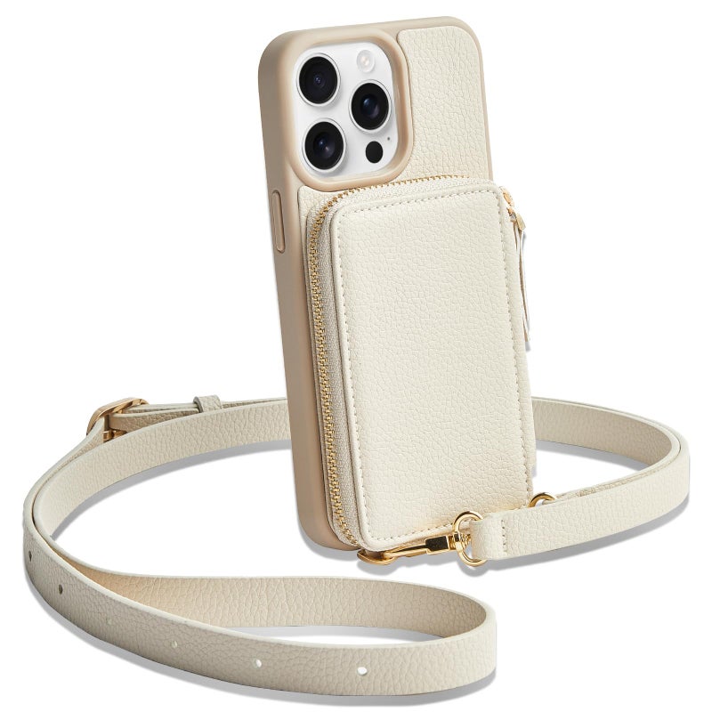 ZVE iPhone 13 Pro Max Wallet Case Crossbody Zipper Phone Case with RFID Blocking Card Holder Wrist Strap Leather Purse Cover Gift for Women for iPhone 13 Pro Max 67 inch 2021 Beige