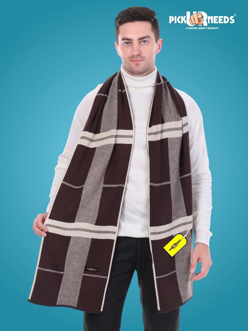 Pick Ur Needs Men’s Woolen Muffler Stylish Checked Soft & Warm Wool Blend Winter Scarf Hand Washable Neck Wrap (Brown) - Image 2
