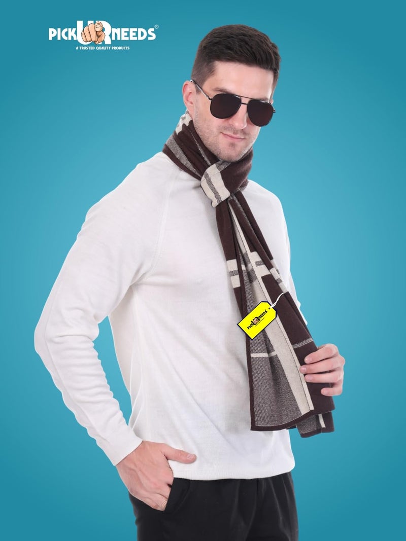 Pick Ur Needs Men’s Woolen Muffler Stylish Checked Soft & Warm Wool Blend Winter Scarf Hand Washable Neck Wrap (Brown) - Image 3