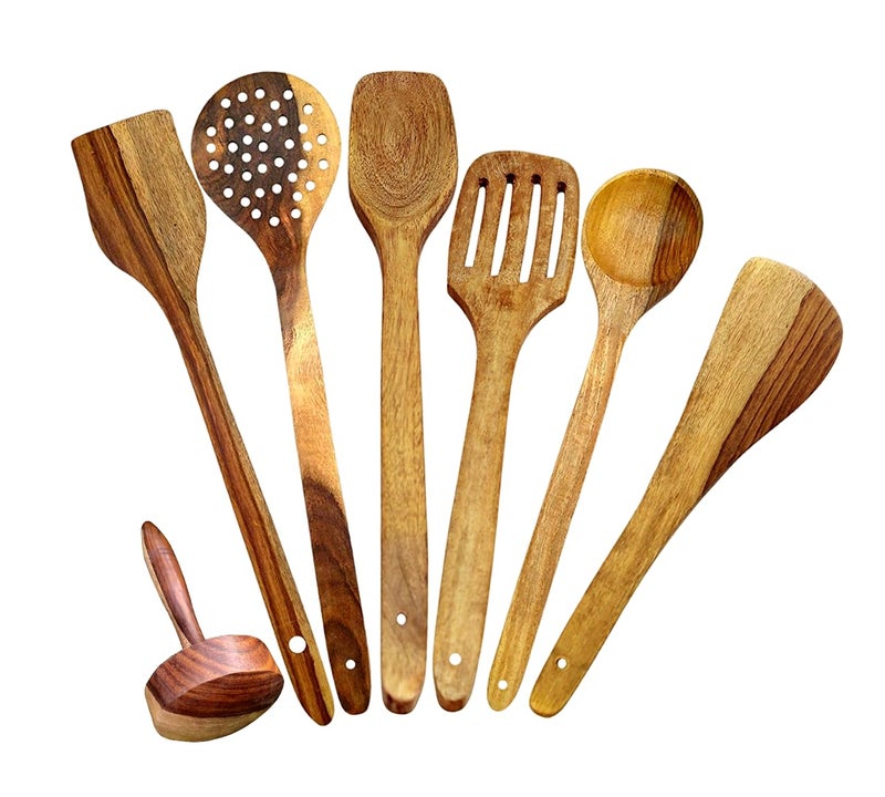PEBBLECRAFTS Handmade Wooden Cooking Spoons and Serving Spoon Set with a Masher | Spatula | Non Stick Kitchen Utensil (Set of 6) - Image 1