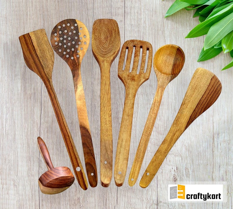 PEBBLECRAFTS Handmade Wooden Cooking Spoons and Serving Spoon Set with a Masher | Spatula | Non Stick Kitchen Utensil (Set of 6) - Image 5