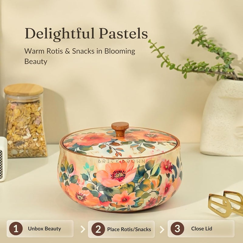 Brick Brown ® Handcrafted Enamel Coated Wooden Pastel Flora Roti Box | Chapati Box for Kitchen | Hot Pot Casserole for Roti Server Tableware Serving | Case Roti Dabba with Lid (8.5 × 8.5 × 5.5 Inch) - Image 2