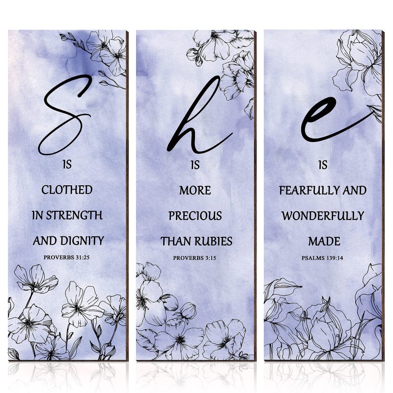 Qunclay 3 Pcs Pink Flower Inspirational Wall Decor Art Gift Wooden Motivational Hanging Christian Quotes Floral Decor for Women Girl Living Room Gift (11.81 x 3.94 x 0.2 Inch Pink) - Image 1