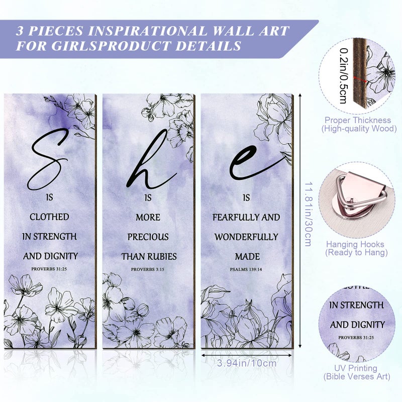 Qunclay 3 Pcs Pink Flower Inspirational Wall Decor Art Gift Wooden Motivational Hanging Christian Quotes Floral Decor for Women Girl Living Room Gift (11.81 x 3.94 x 0.2 Inch Pink) - Image 2