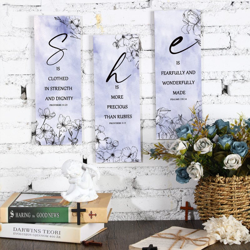 Qunclay 3 Pcs Pink Flower Inspirational Wall Decor Art Gift Wooden Motivational Hanging Christian Quotes Floral Decor for Women Girl Living Room Gift (11.81 x 3.94 x 0.2 Inch Pink) - Image 4