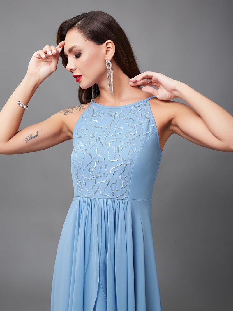 Miss Chase Women's Halter Neck Sleeveless Embroidered Layered Georgette Maxi Dress (MCAW21D06-16-167-04, Powder Blue, M) - Image 5