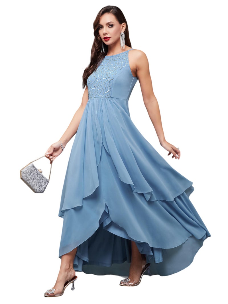 Miss Chase Women's Halter Neck Sleeveless Embroidered Layered Georgette Maxi Dress (MCAW21D06-16-167-04, Powder Blue, M) - Image 1
