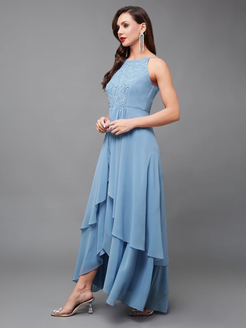 Miss Chase Women's Halter Neck Sleeveless Embroidered Layered Georgette Maxi Dress (MCAW21D06-16-167-04, Powder Blue, M) - Image 2