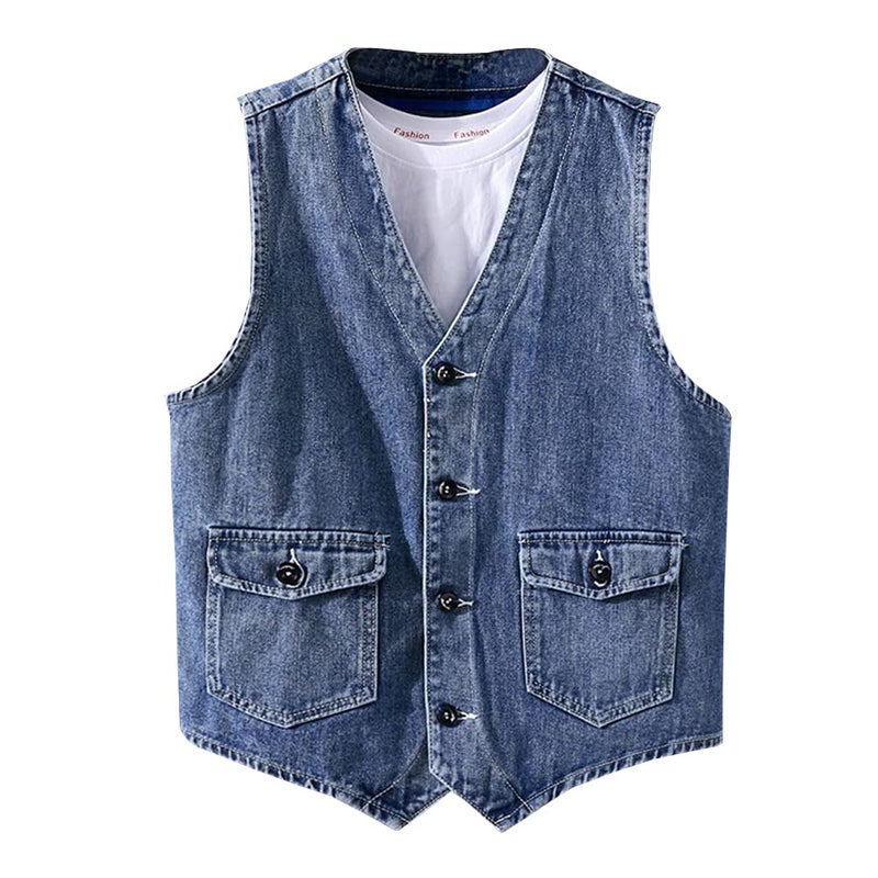 LONGBIDA Men's Denim Vest Casual Slim Fit Sleeveless Jacket Outdoor Jean Vests(Blue,L) - Image 1