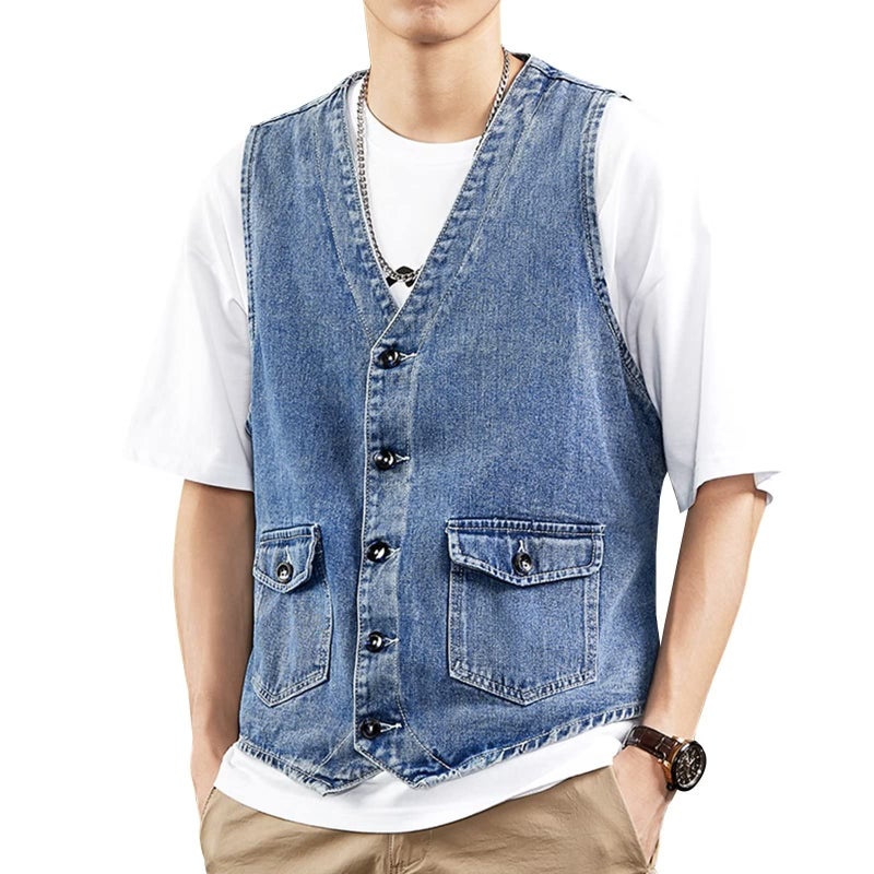 LONGBIDA Men's Denim Vest Casual Slim Fit Sleeveless Jacket Outdoor Jean Vests(Blue,L) - Image 3