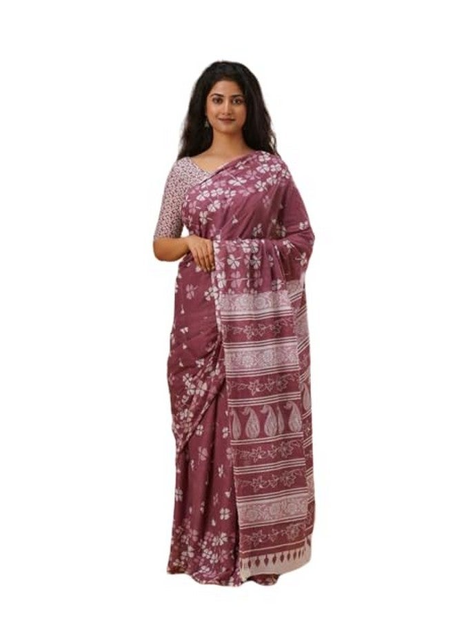 Kiaaron Handicrafts Women's Ikat Hand Block Print Jaipuri Cotton Mulmul Saree with Blouse Piece - Purple_25 - Image 1