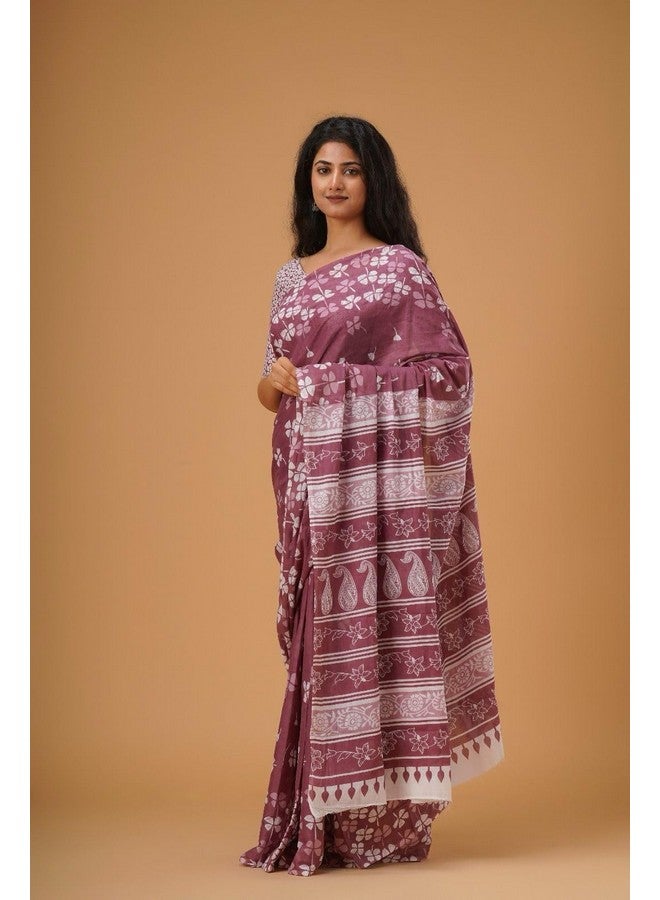 Kiaaron Handicrafts Women's Ikat Hand Block Print Jaipuri Cotton Mulmul Saree with Blouse Piece - Purple_25 - Image 4