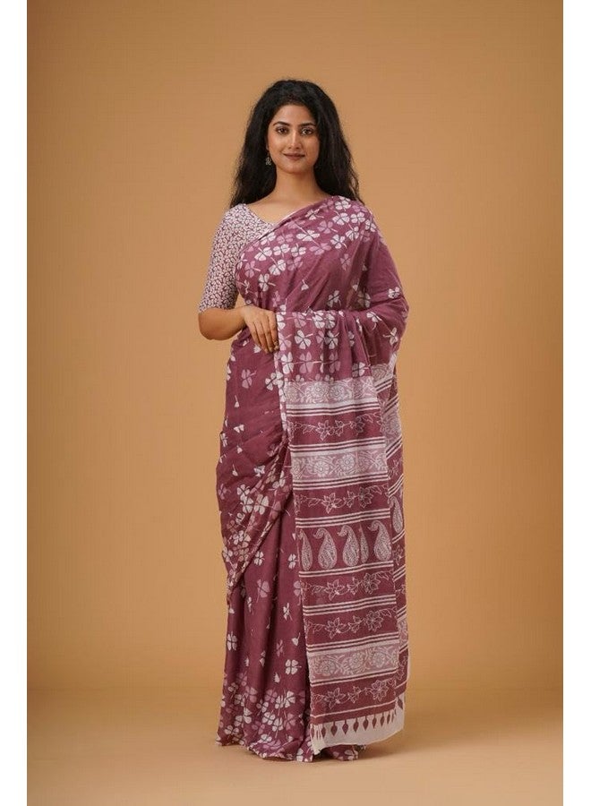 Kiaaron Handicrafts Women's Ikat Hand Block Print Jaipuri Cotton Mulmul Saree with Blouse Piece - Purple_25 - Image 2
