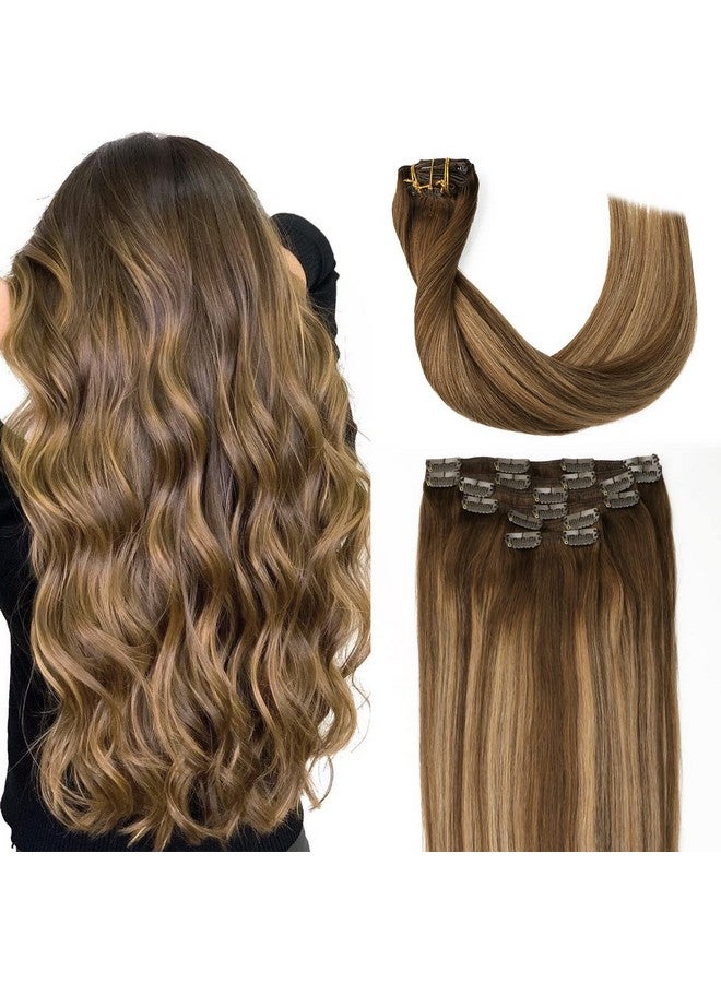 sindra Clip In Hair Extensions Real Human Hair 20Inch Balayage Clip In Hair Extensions Chocolate Brown To Caramel Blonde 120G 6Pcs Silky Full Head (4/27/4 20In) - Image 1