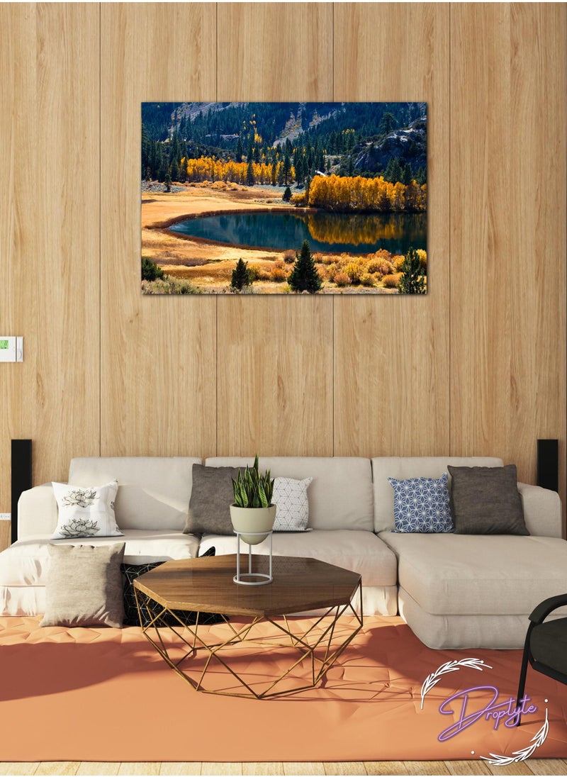 Droplyte Mountains and Trees Around a Pond Decorative Wall Art Wall Decor Card Board MDF Home Decor  For Drawing Room, Living Room, Bedroom, Kitchen or Office  60CM x 40CM  - Image 1