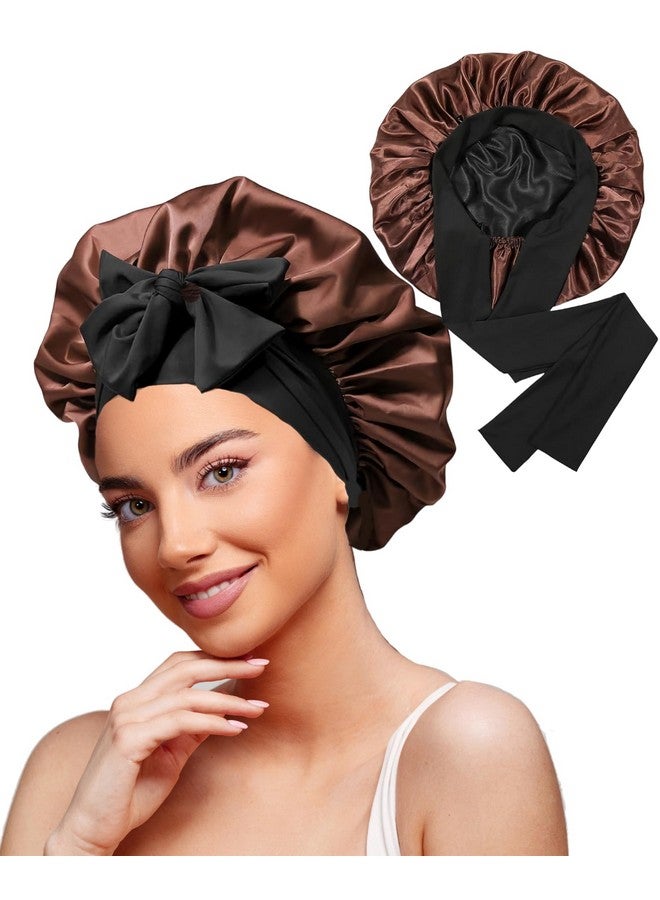 Atrube Women's Satin Silk Bonnet for Hair with 3 Satin Scrunchies, Satin Bonnet for Curly Hair, Reversible Silk Hair Cap for Sleeping, Adjustable Satin Hair Bonnet, Multicolor, Large (Cocoa Mocha) - Image 1